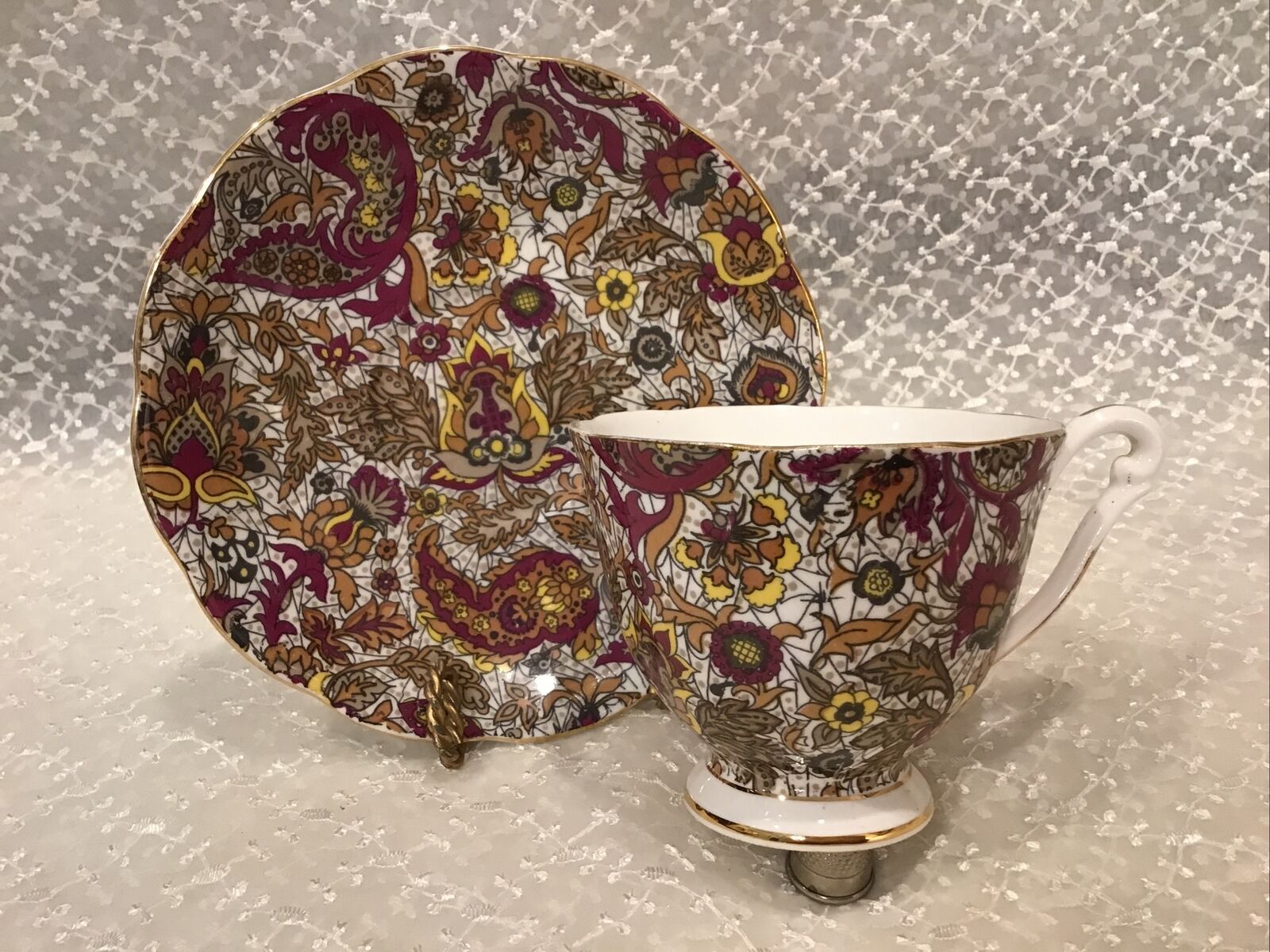 Chintz English Bone China Cup & Saucer Paisley Pedestal Foot England Queen Anne