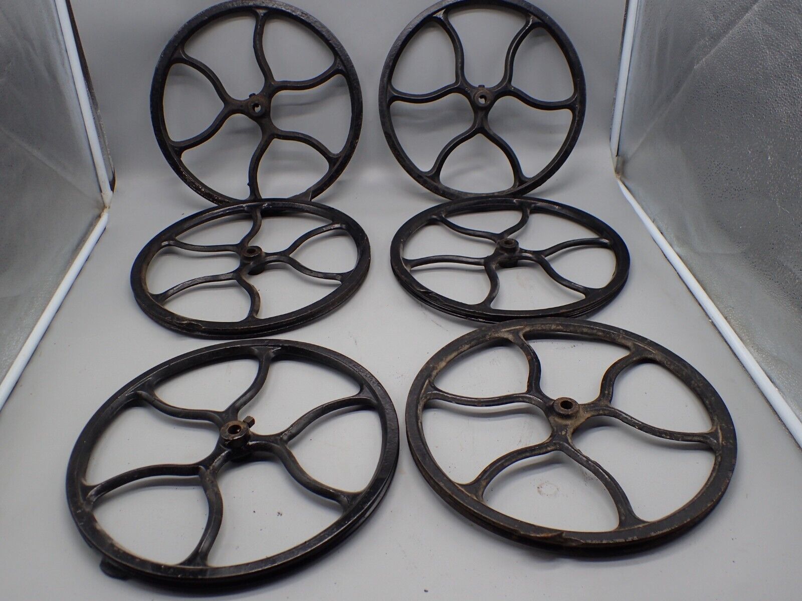 Lot Of 6 Matching Antique 12 1/2" Singer Pulley Flywheel Steam Punk Pulley Decor